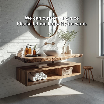 Handcrafted Solid Wood Floating Vanity with Natural Live Edge Top and Modern Minimalist Style Kitchnce