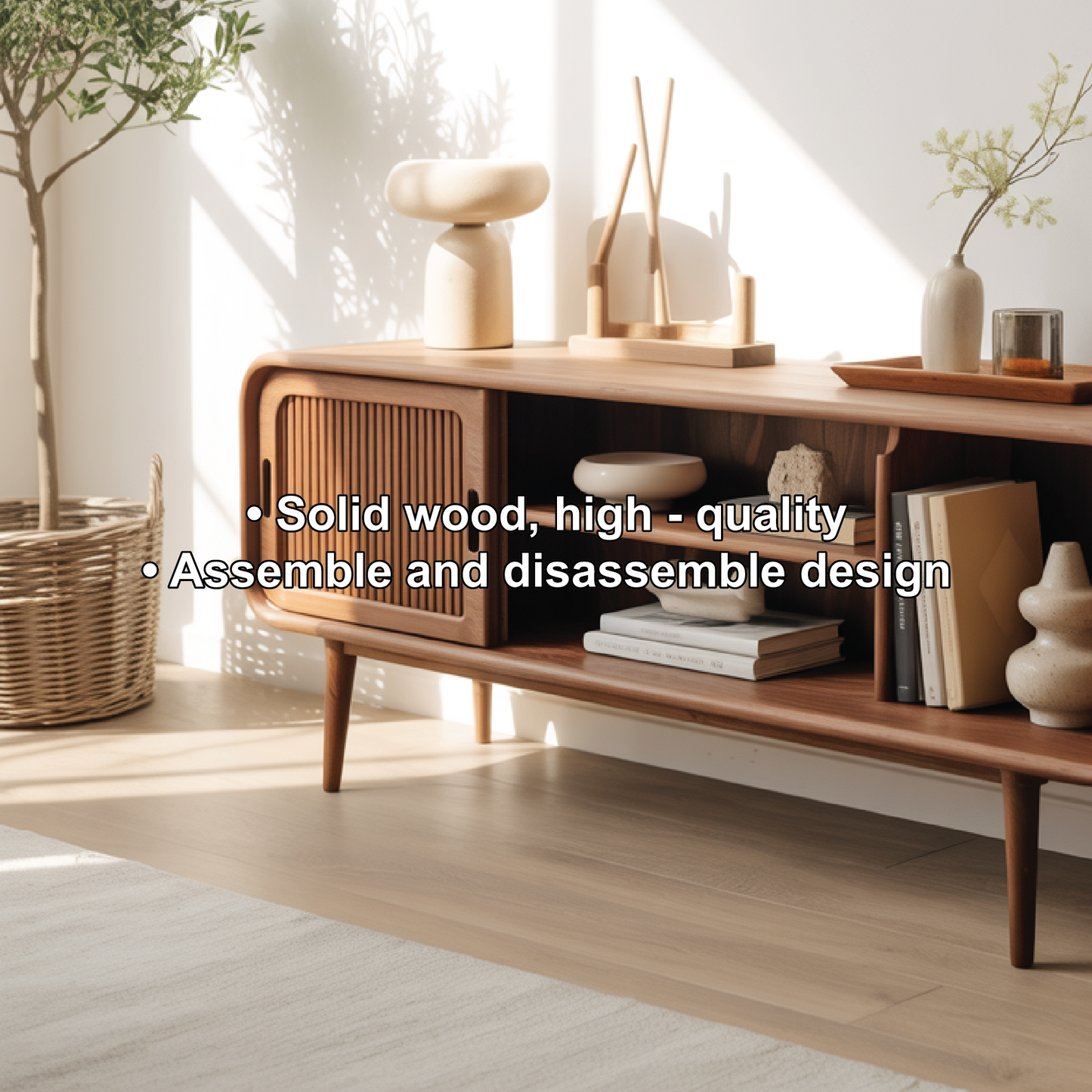 Solid Wood Console Table with Sliding Door – Handcrafted Mid-Century Storage & Display Shelf Kitchnce