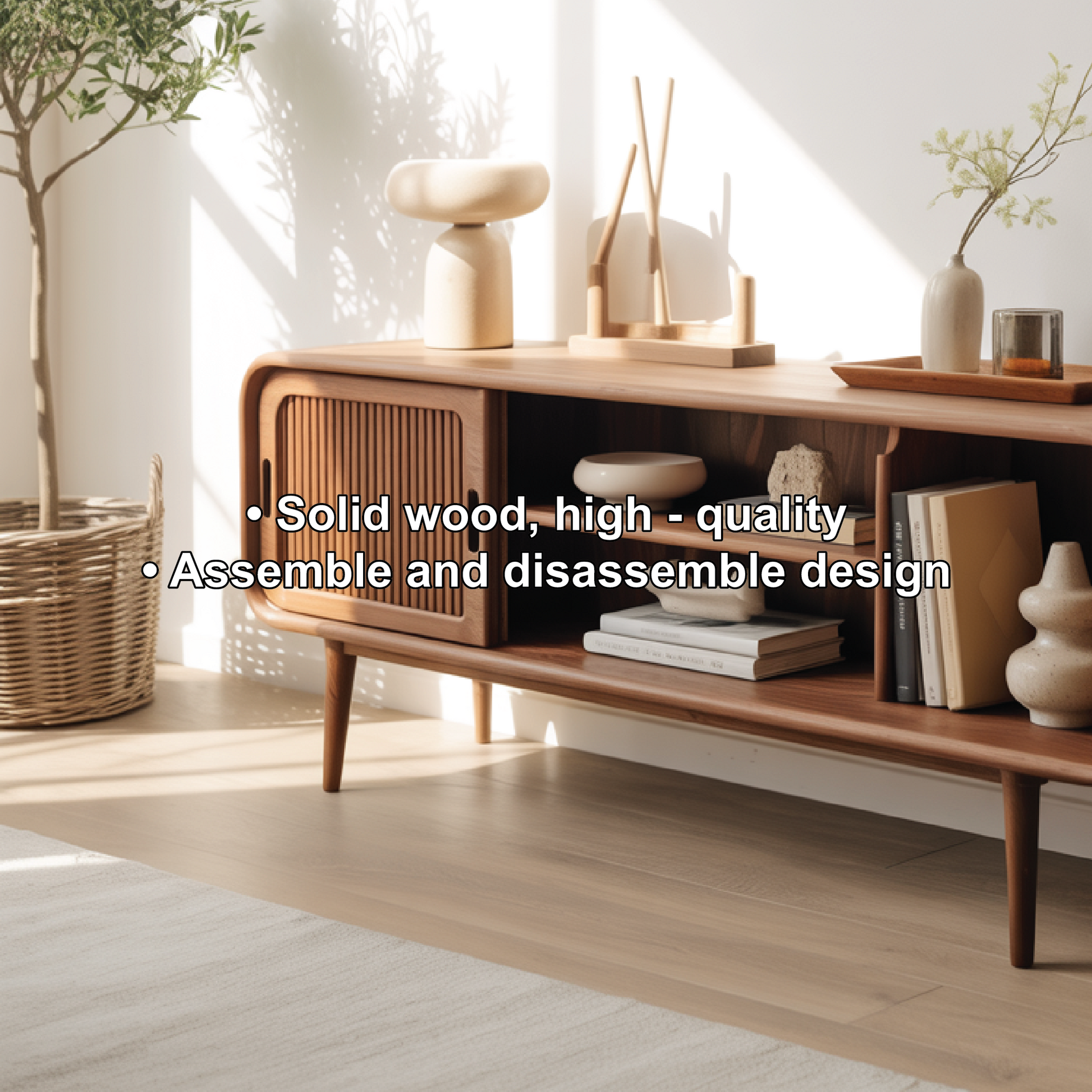 Solid Wood Console Table with Sliding Door – Handcrafted Mid-Century Storage & Display Shelf Kitchnce