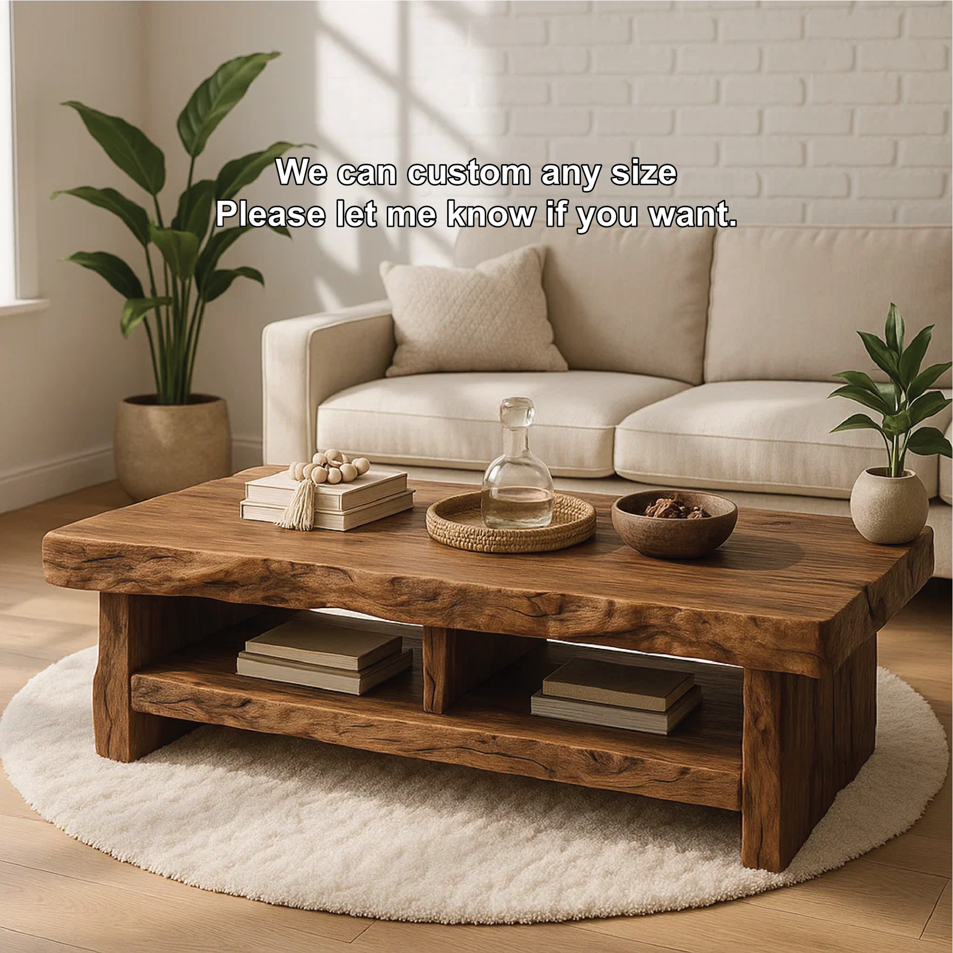 Handcrafted Solid Wood Coffee Table with Live Edge Design and Double Shelf for Storage Kitchnce