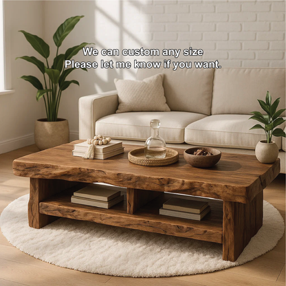 Handcrafted Solid Wood Coffee Table with Live Edge Design and Double Shelf for Storage Kitchnce