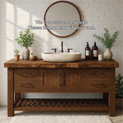 Rustic Solid Wood Bathroom Vanity with Live Edge Top and Modern Farmhouse Storage Design Kitchnce