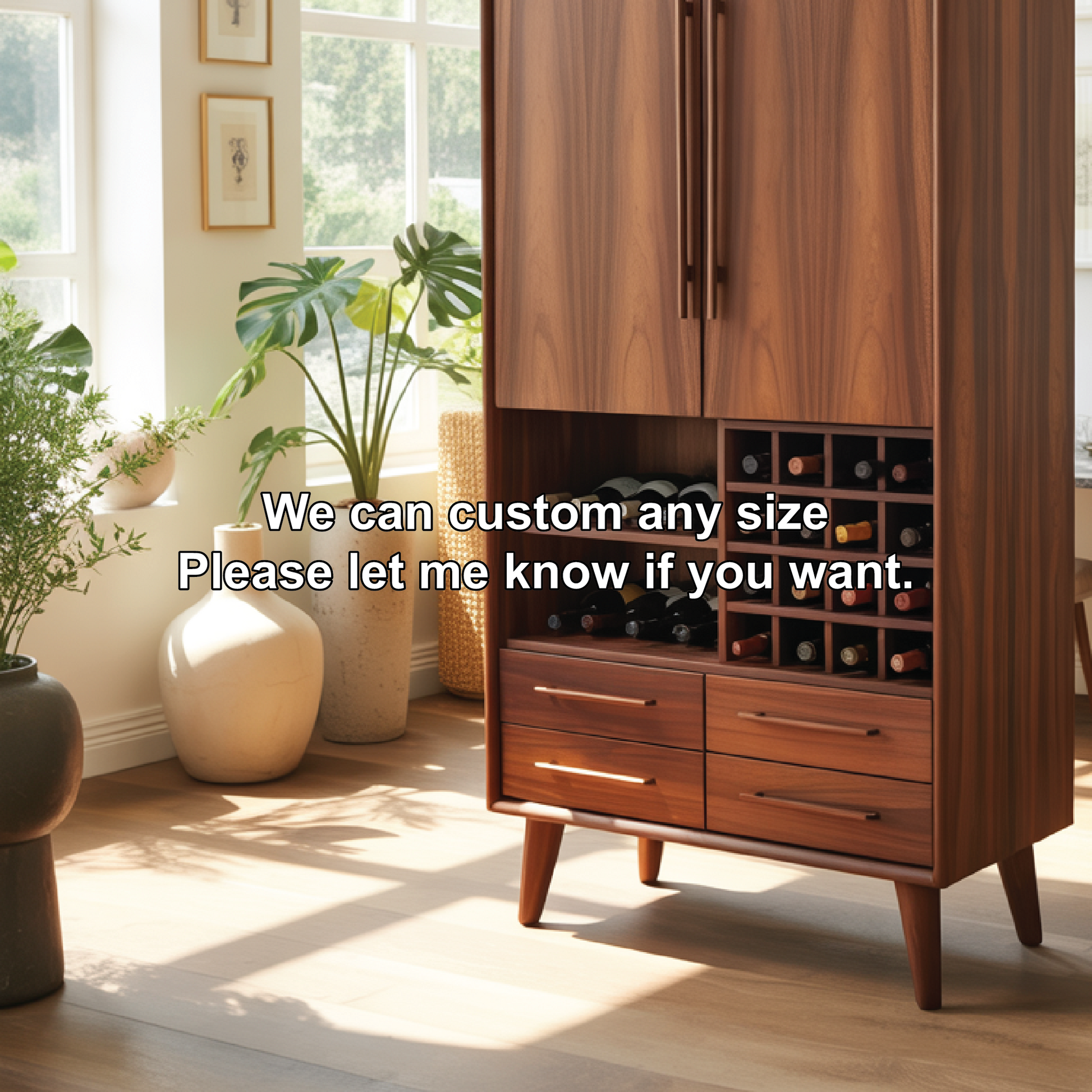 Handcrafted Solid Wood Dining Cabinet with Wine Rack, Tall Double Doors and Storage Drawers Kitchnce