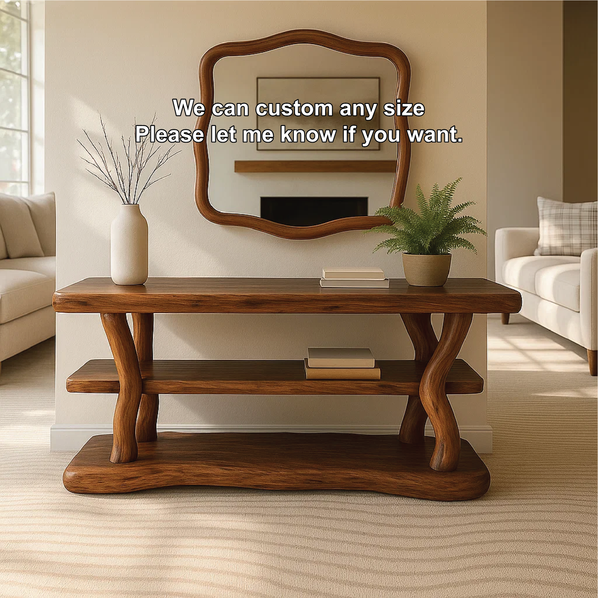 Handcrafted Solid Wood Console Table with Organic Curved Legs and Natural Smooth Finish Kitchnce