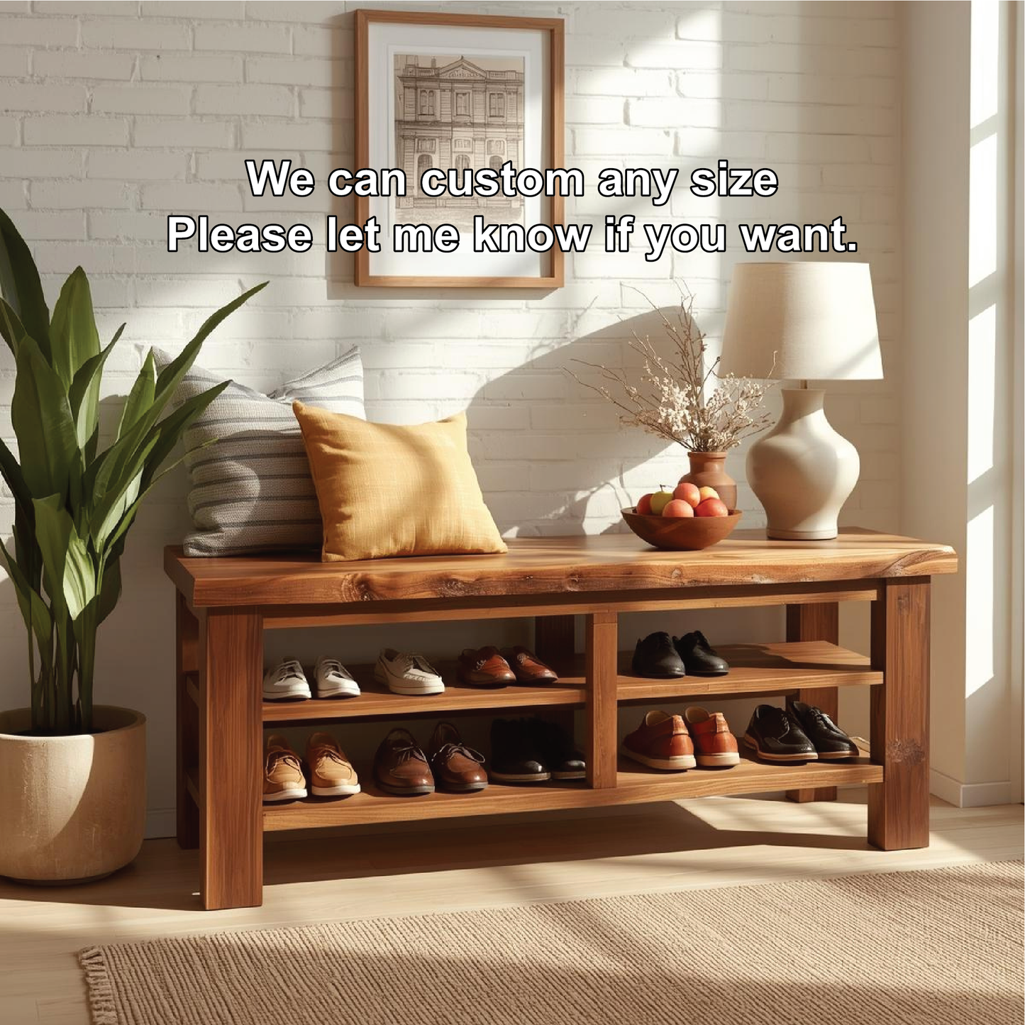 Handcrafted Solid Wood Entryway Bench with Live Edge Top and Multi-Tier Shoe Storage Shelves Kitchnce