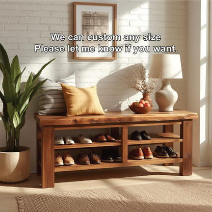 Handcrafted Solid Wood Entryway Bench with Live Edge Top and Multi-Tier Shoe Storage Shelves Kitchnce