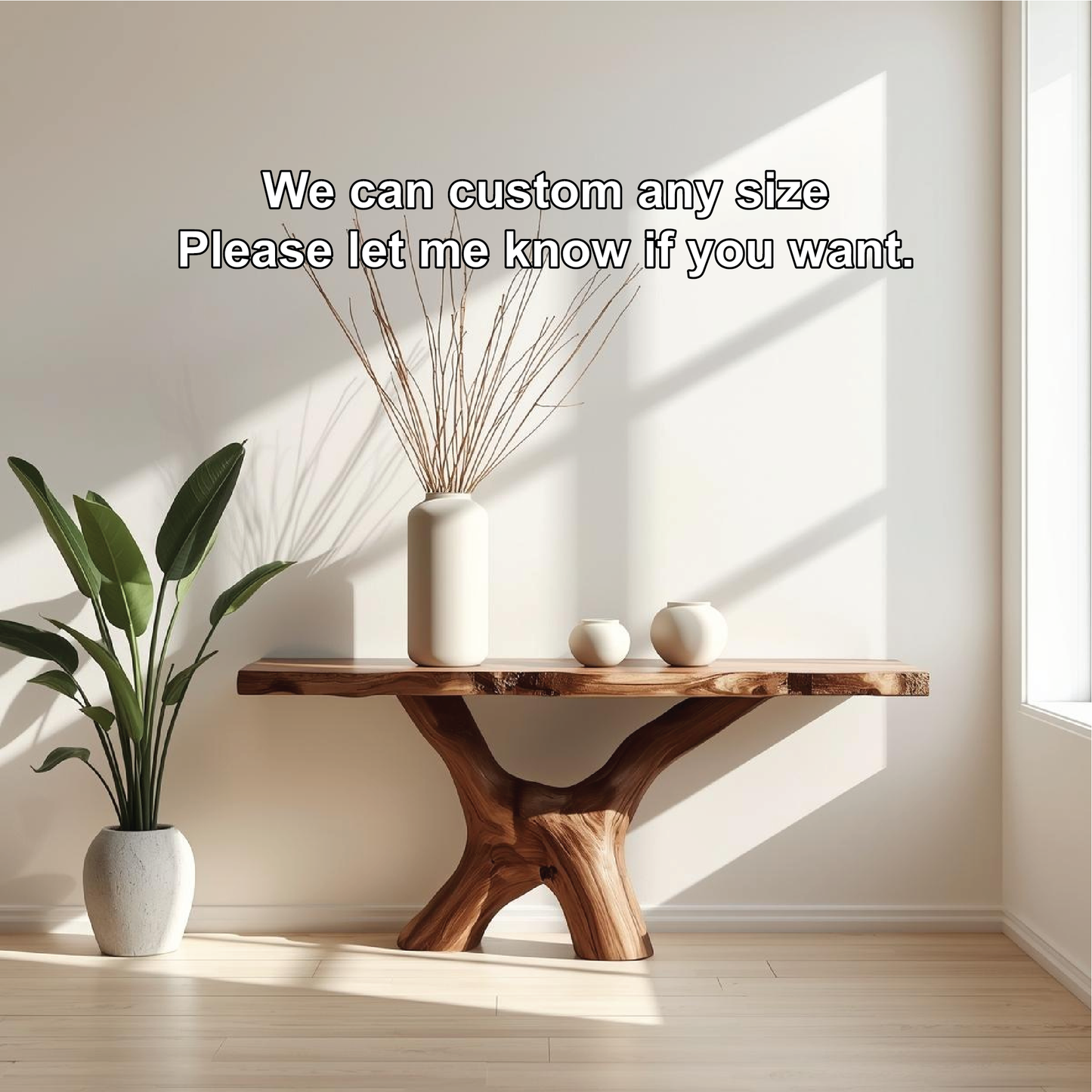 Handcrafted Solid Wood Console Table with Sculptural Organic Base and Natural Live Edge Kitchnce
