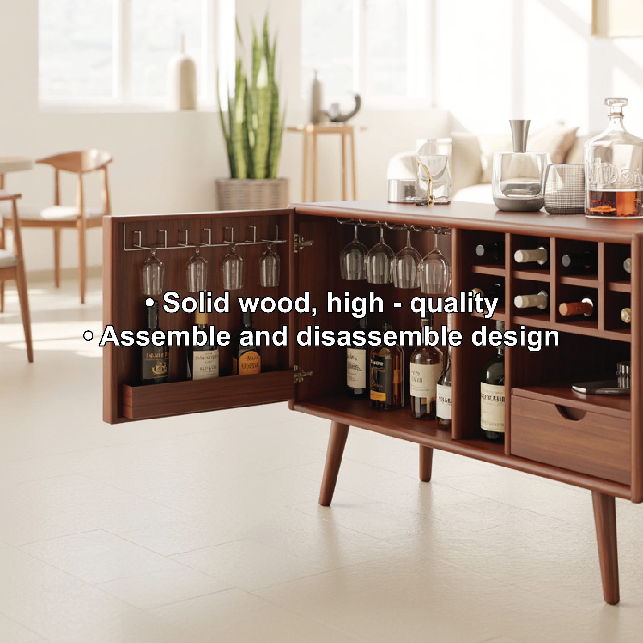 Solid Wood Wine Storage Cabinet with Glass Holders, Bottle Racks and Modern Mid-Century Design