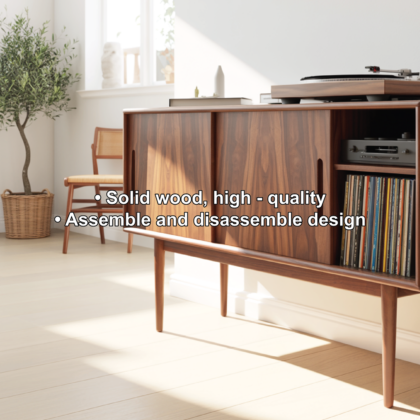 Solid Wood Console Table with Sliding Doors – Mid-Century Style Storage Cabinet for Living Room Kitchnce