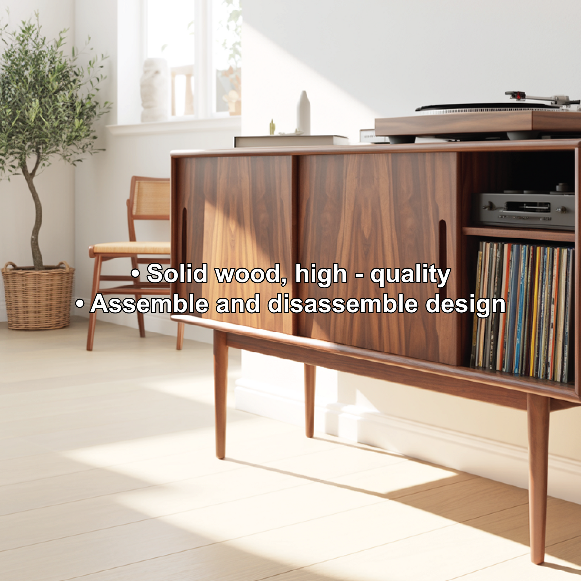 Solid Wood Console Table with Sliding Doors – Mid-Century Style Storage Cabinet for Living Room Kitchnce
