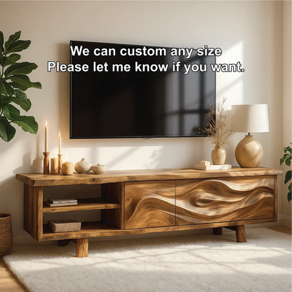 Handcrafted Solid Wood TV Stand with Wave Carved Doors and Natural Finish for Modern Living Rooms Kitchnce