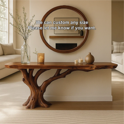 Handcrafted Solid Wood Console Table with Tree Trunk Base and Natural Live Edge Design Kitchnce