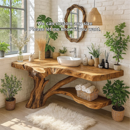 Handcrafted Solid Wood Bathroom Vanity with Natural Tree Trunk Base and Live Edge Design Kitchnce