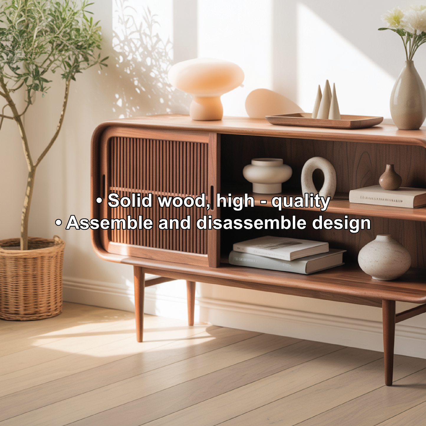 Solid Wood Console Table with Sliding Door – Handcrafted Mid-Century Storage Cabinet Kitchnce