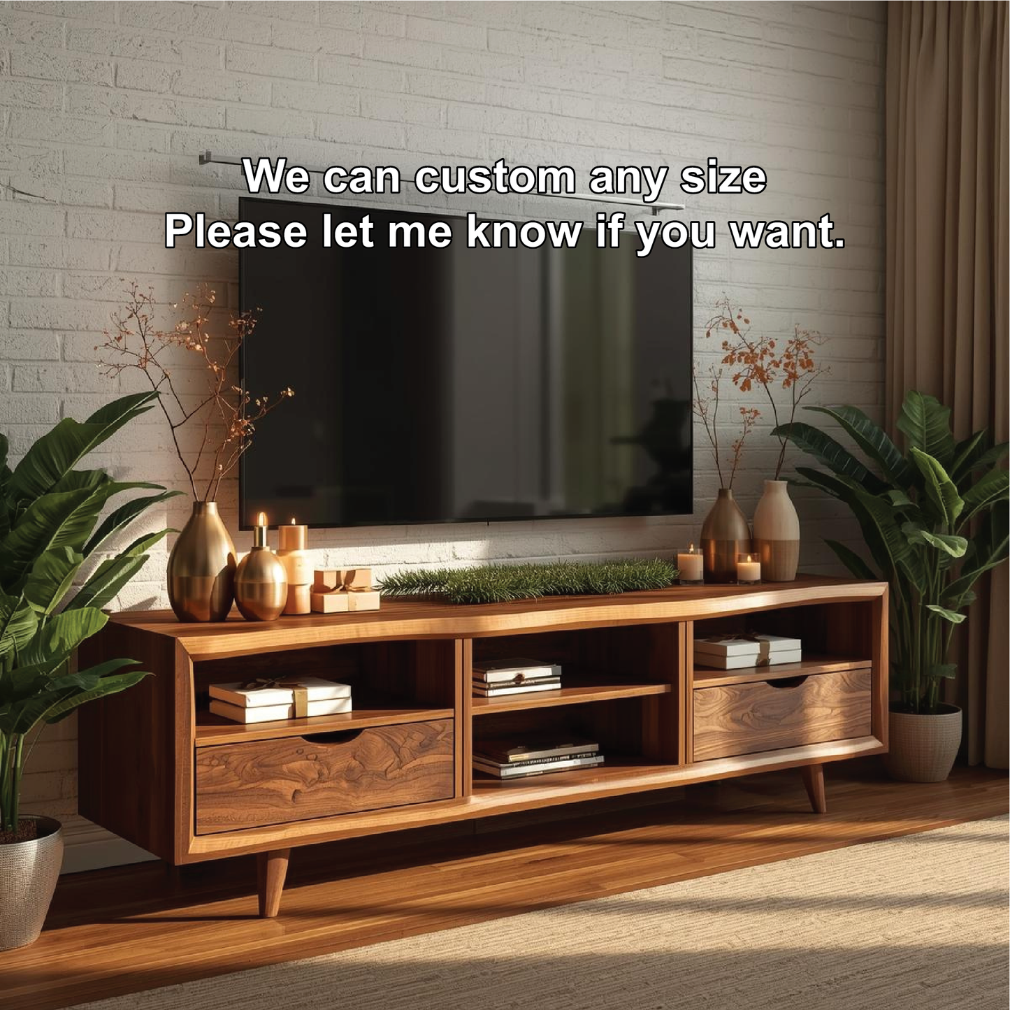 Handcrafted Solid Wood TV Stand with Mid-Century Modern Design and Natural Walnut Finish Kitchnce