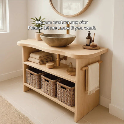 Handcrafted Solid Wood Bathroom Vanity with Curved Edge Design and Open Shelves for Modern Spaces Kitchnce