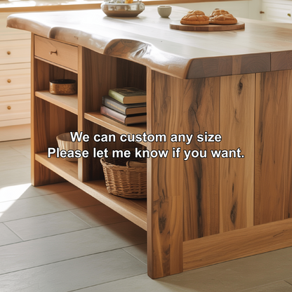 Handcrafted Solid Wood Kitchen Island with Live-Edge Top and Open Storage Shelves Kitchnce