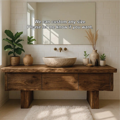 Handcrafted Solid Wood Bathroom Vanity with Live Edge Top and Minimalist Modern Design Kitchnce