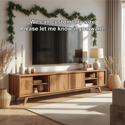 Handcrafted Solid Wood TV Stand with Sliding Doors and Mid-Century Modern Minimalist Design Kitchnce