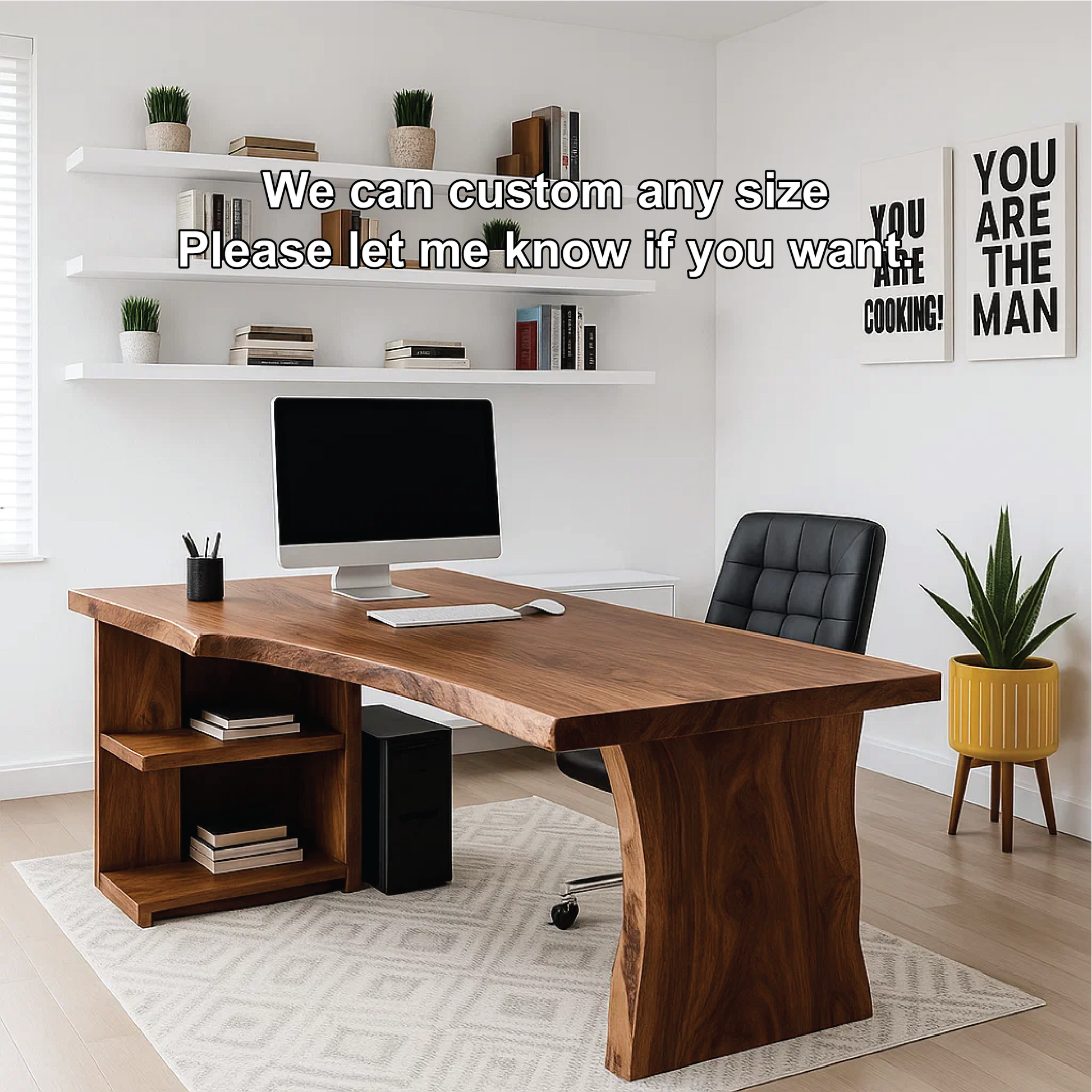 Handcrafted Solid Wood Office Desk – Live Edge Executive Work Table with Organic Curved Base Design Kitchnce