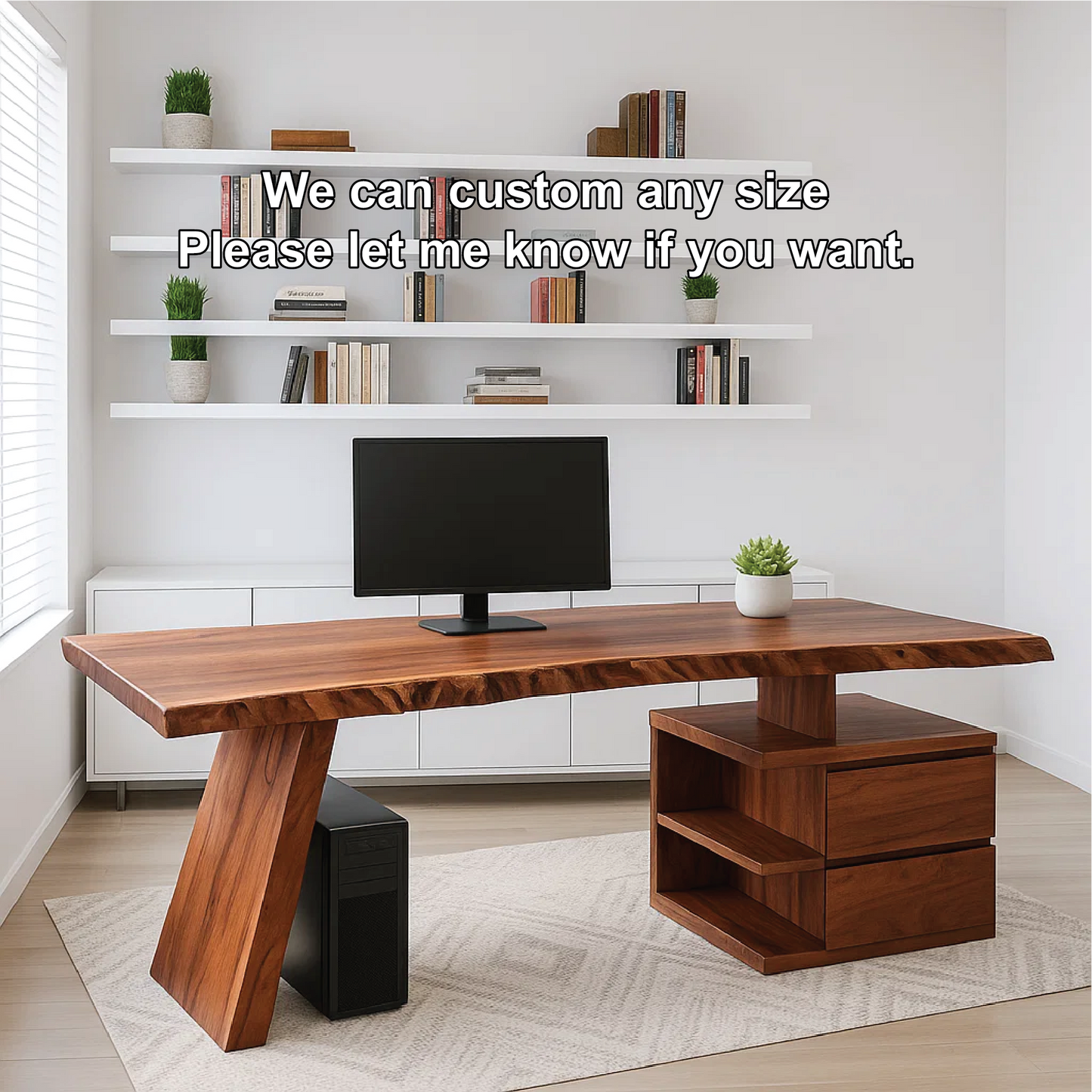 Handcrafted Solid Wood Work Desk – Live Edge Executive Office Table with Modern Asymmetric Base Kitchnce