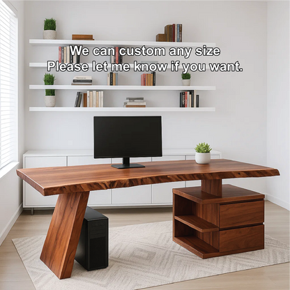 Handcrafted Solid Wood Work Desk – Live Edge Executive Office Table with Modern Asymmetric Base Kitchnce