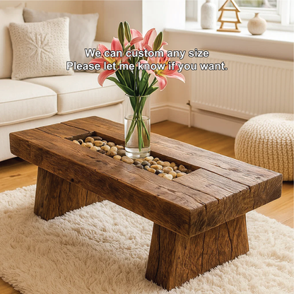 Handcrafted Solid Wood Coffee Table with Rustic Live Edge Design and Natural Stone Centerpiece Kitchnce