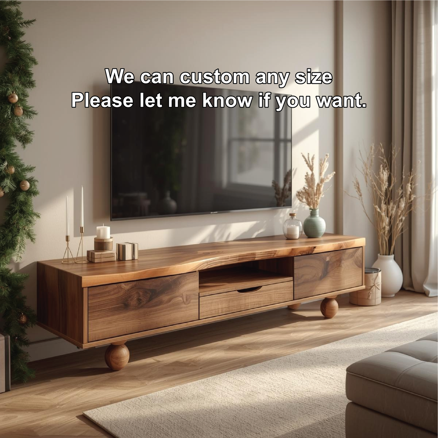 Handcrafted Solid Wood TV Stand with Natural Live Edge Design and Unique Round Wooden Legs Kitchnce