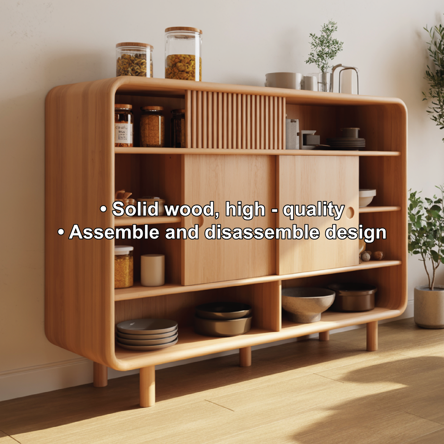 Solid Wood Console Table with Sliding Doors - Modern Storage Cabinet with Open Shelves Kitchnce