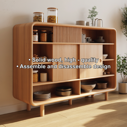 Solid Wood Console Table with Sliding Doors - Modern Storage Cabinet with Open Shelves Kitchnce