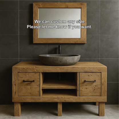 Modern Rustic Handcrafted Solid Wood Bathroom Vanity with Storage Drawers and Open Shelves Kitchnce