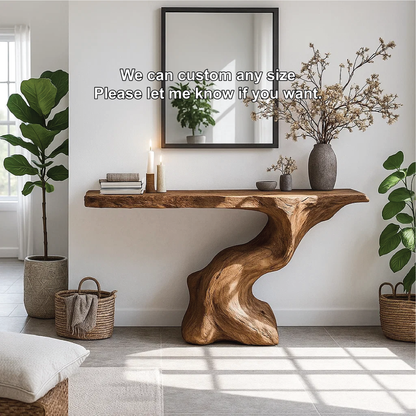 Handcrafted Solid Wood Console Table with Organic Sculpted Base and Natural Live Edge Design Kitchnce