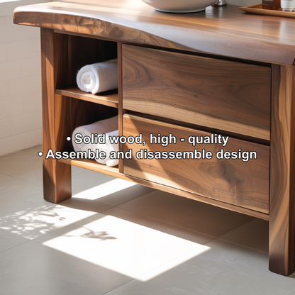 Handcrafted Solid Wood Bathroom Vanity with Live-Edge Countertop and Modern Open Shelf Storage Kitchnce
