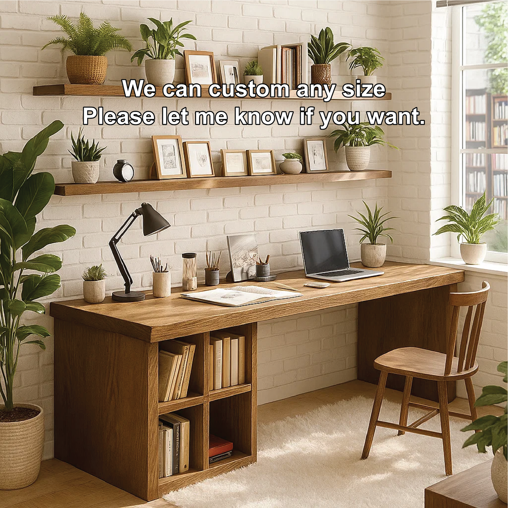 Handcrafted Solid Wood Work Desk – Long Home Office Table with Bookshelf and Natural Finish Kitchnce
