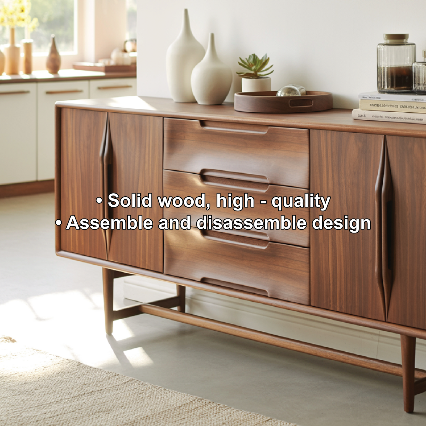 Handcrafted Solid Wood Dining Storage Sideboard with Sculpted Handles and Mid-Century Design Kitchnce