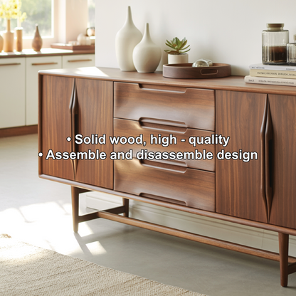 Handcrafted Solid Wood Dining Storage Sideboard with Sculpted Handles and Mid-Century Design Kitchnce
