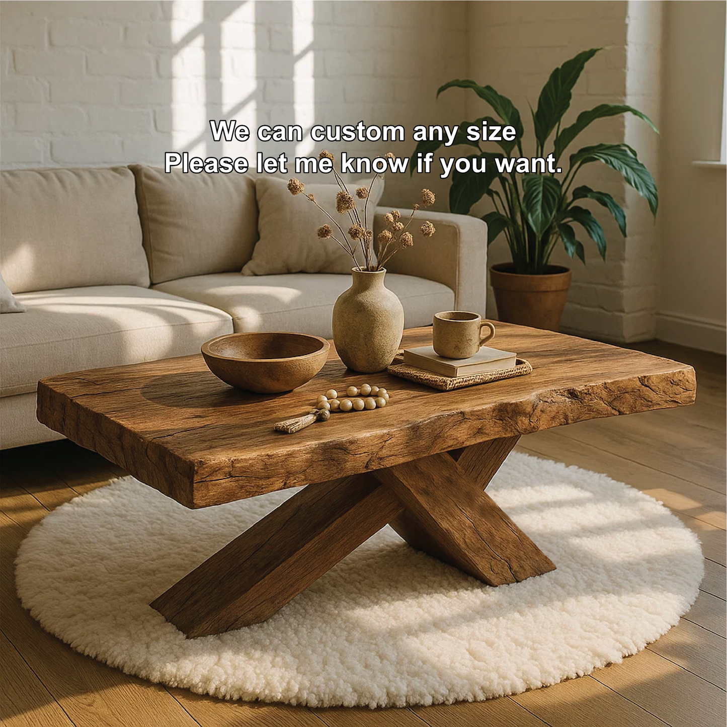 Handcrafted Solid Wood Coffee Table with Rustic Live Edge and Cross-Leg Modern Design Kitchnce