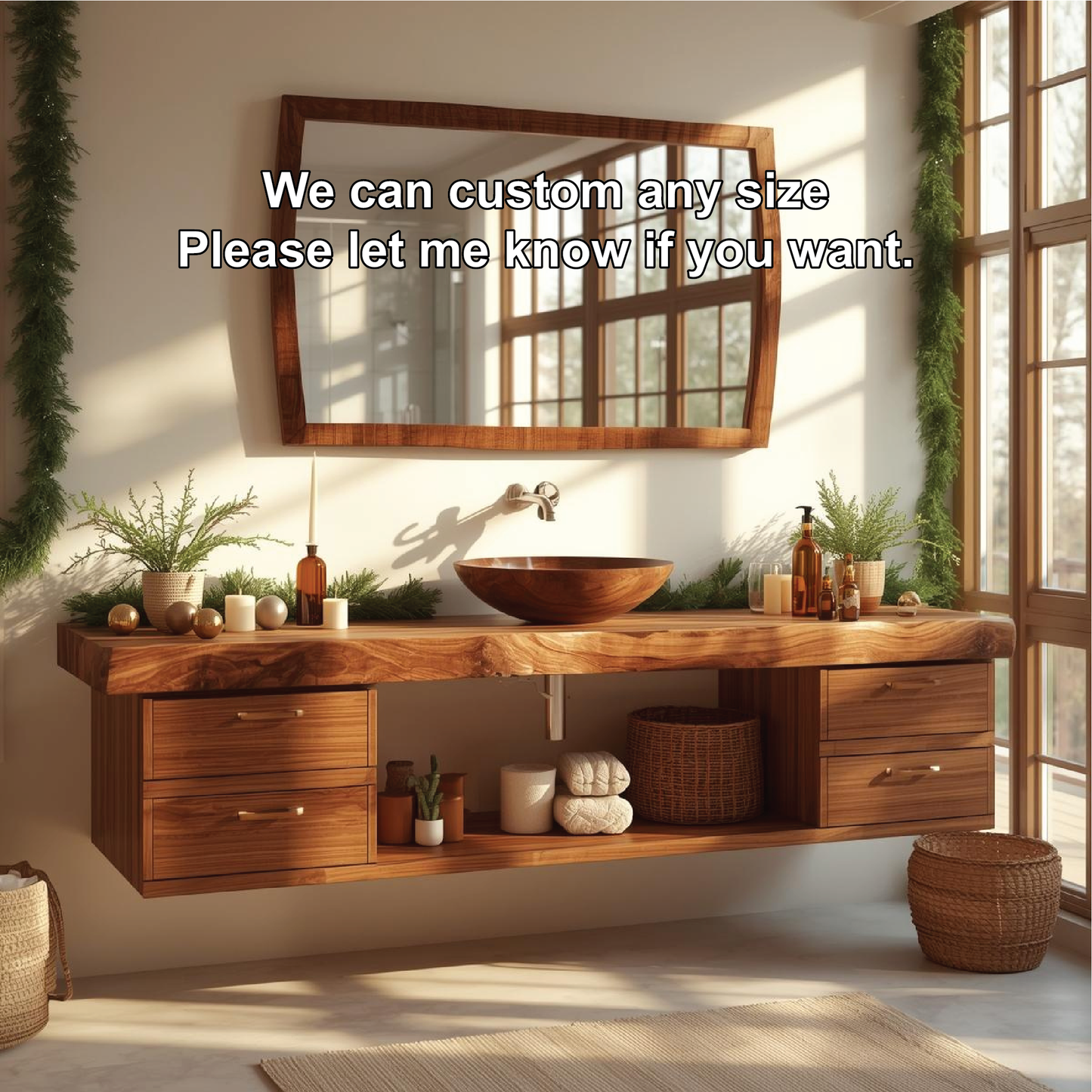 Handcrafted Solid Wood Floating Bathroom Vanity with Drawers and Natural Live Edge Countertop Kitchnce