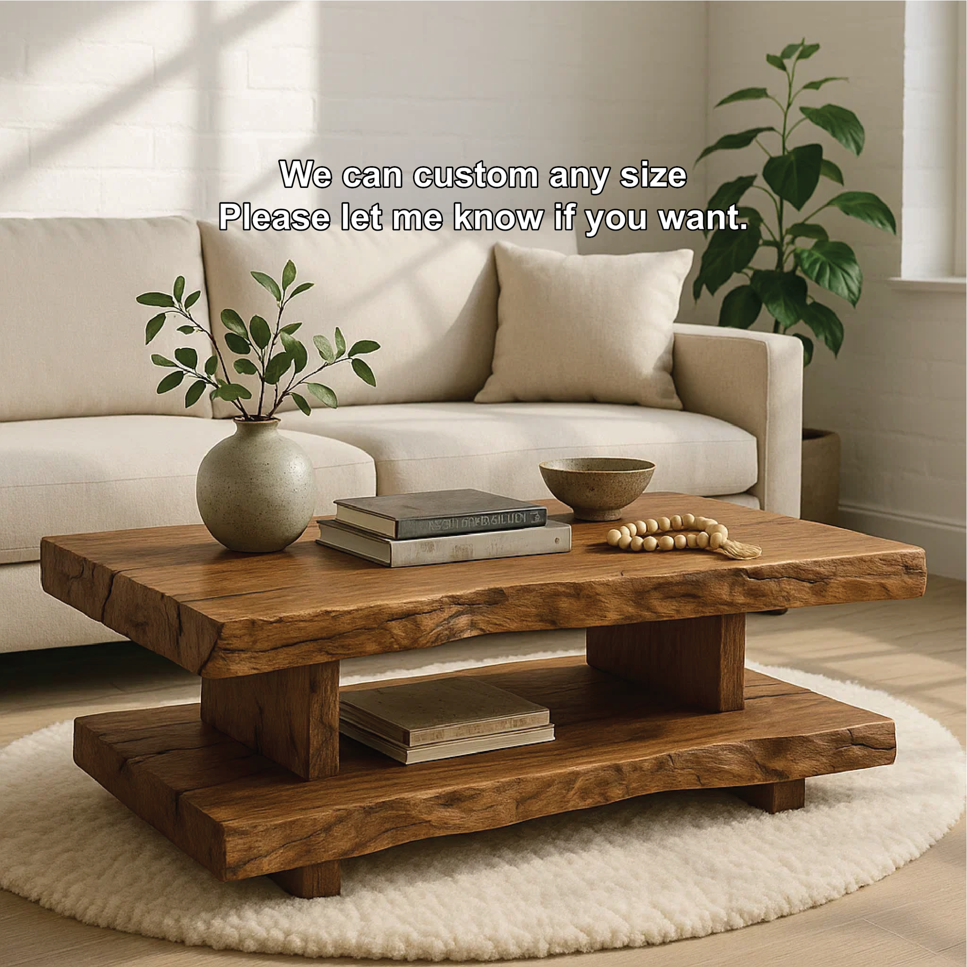 Handcrafted Solid Wood Coffee Table with Double Live Edge Shelves and Natural Rustic Finish Kitchnce