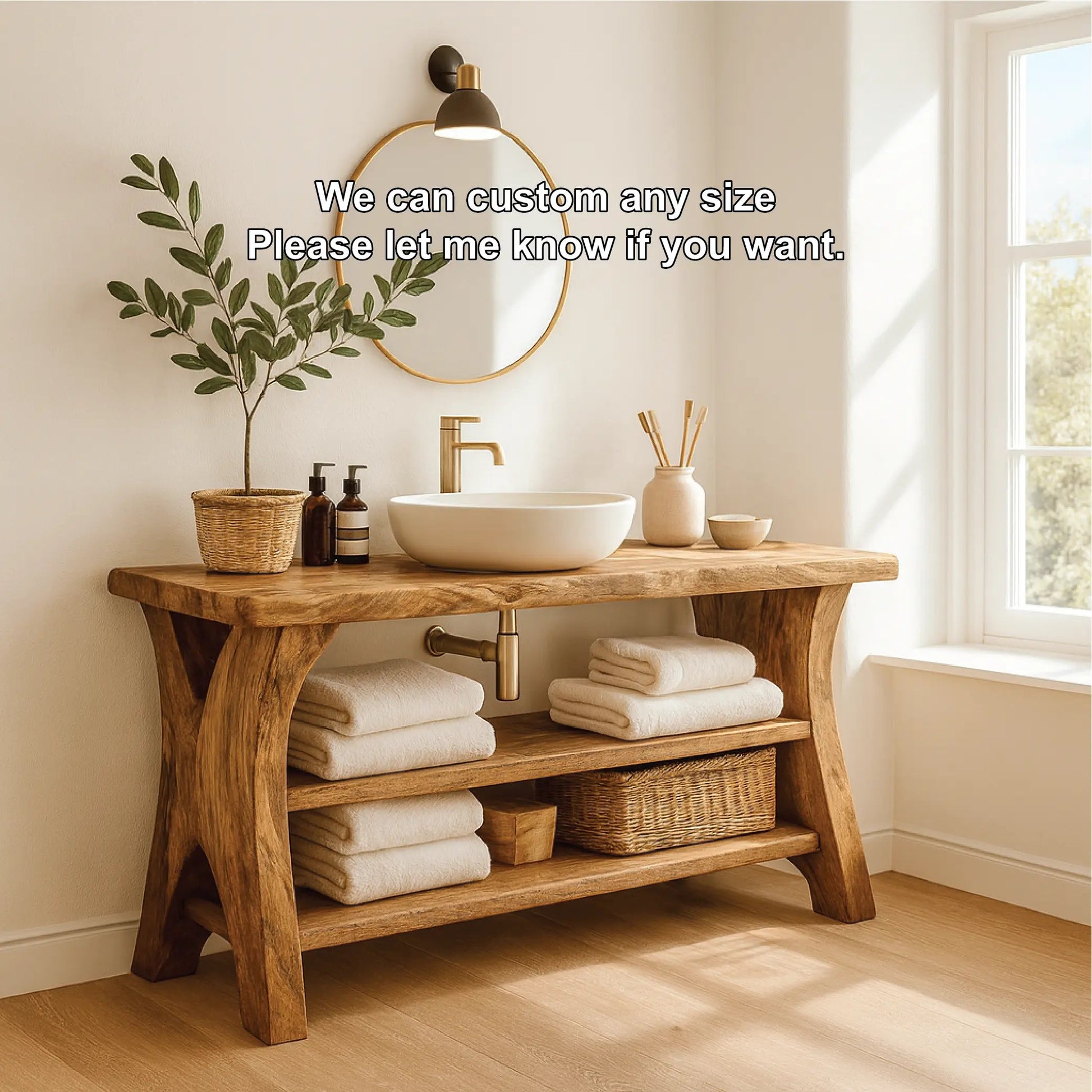 Handcrafted Solid Wood Bathroom Vanity with Natural Live Edge and Open Storage Shelf Design Kitchnce