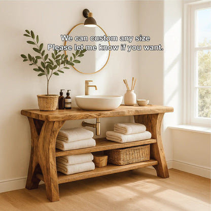 Handcrafted Solid Wood Bathroom Vanity with Natural Live Edge and Open Storage Shelf Design Kitchnce