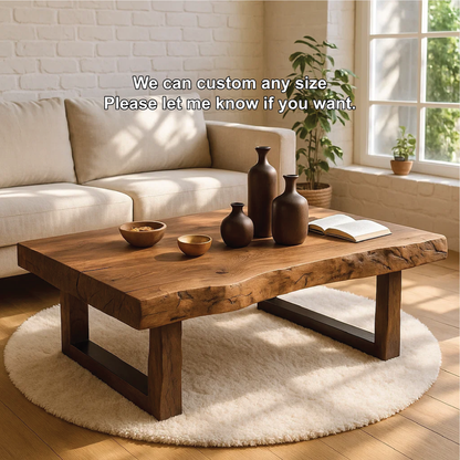 Handcrafted Solid Wood Coffee Table with Live Edge Top and Modern Minimalist Base Design Kitchnce