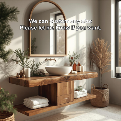 Handcrafted Solid Wood Floating Bathroom Vanity with Center Drawer and Natural Live Edge Top Kitchnce