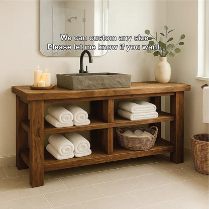 Handcrafted Solid Wood Bathroom Vanity with Open Shelving for Natural and Minimalist Interiors Kitchnce