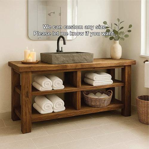 Handcrafted Solid Wood Bathroom Vanity with Open Shelving for Natural and Minimalist Interiors Kitchnce
