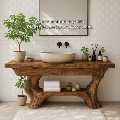 Handcrafted Solid Wood Vanity with Organic Curved Base and Natural Live Edge Design Kitchnce