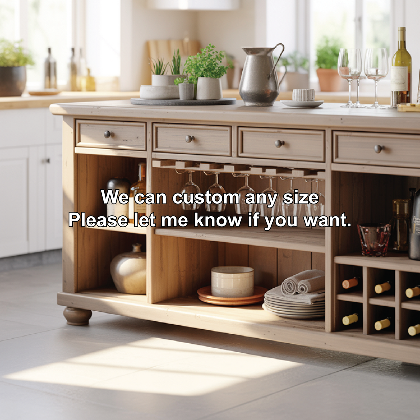 Handcrafted Solid Wood Kitchen Island with Wine Storage, Drawers, and Open Shelving Kitchnce