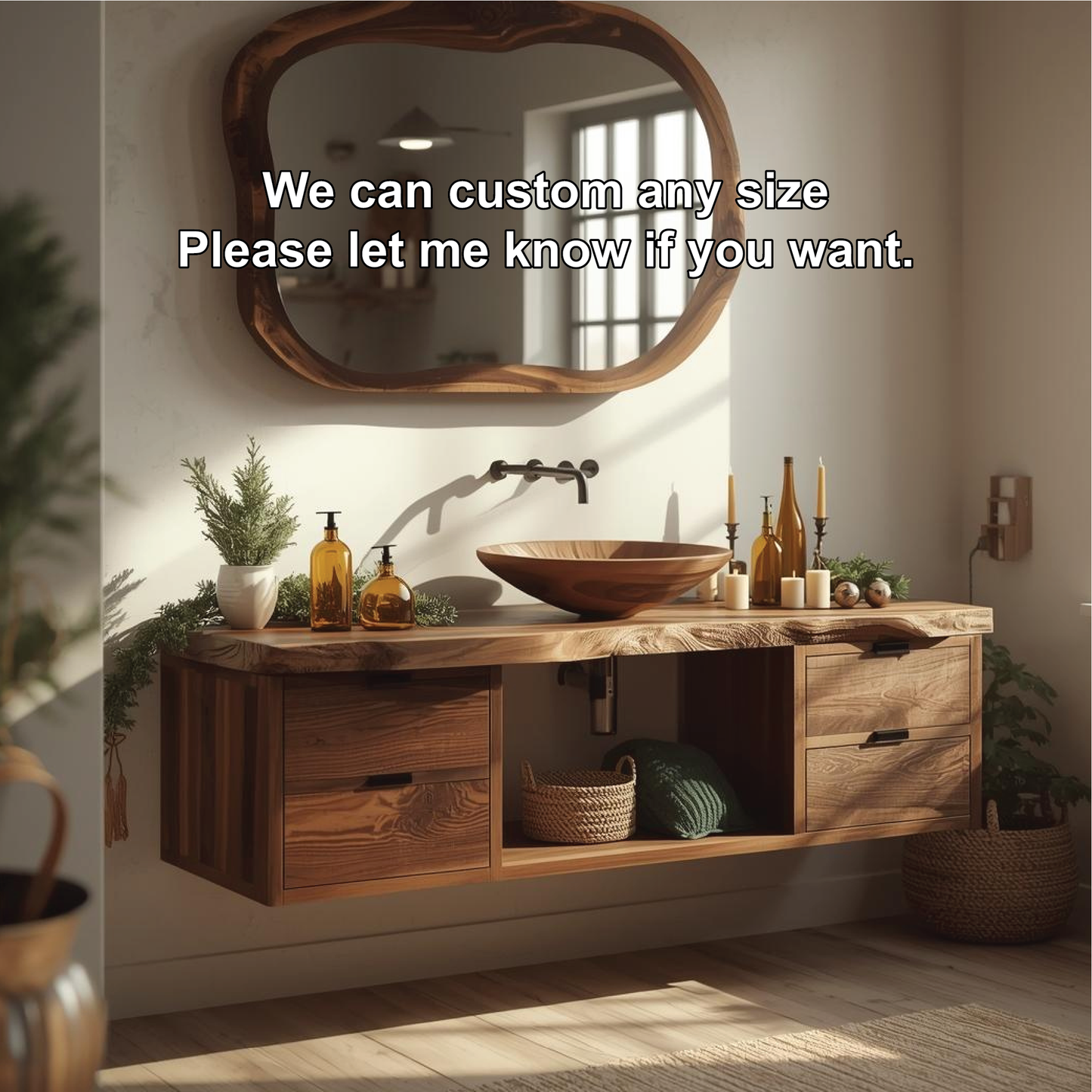 Handcrafted Solid Wood Floating Bathroom Vanity with Live Edge Countertop and Natural Mirror Kitchnce