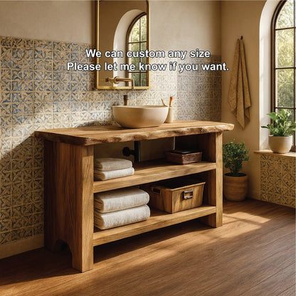 Handcrafted Solid Wood Bathroom Vanity with Live Edge Design and Rustic Open Shelf Storage Kitchnce
