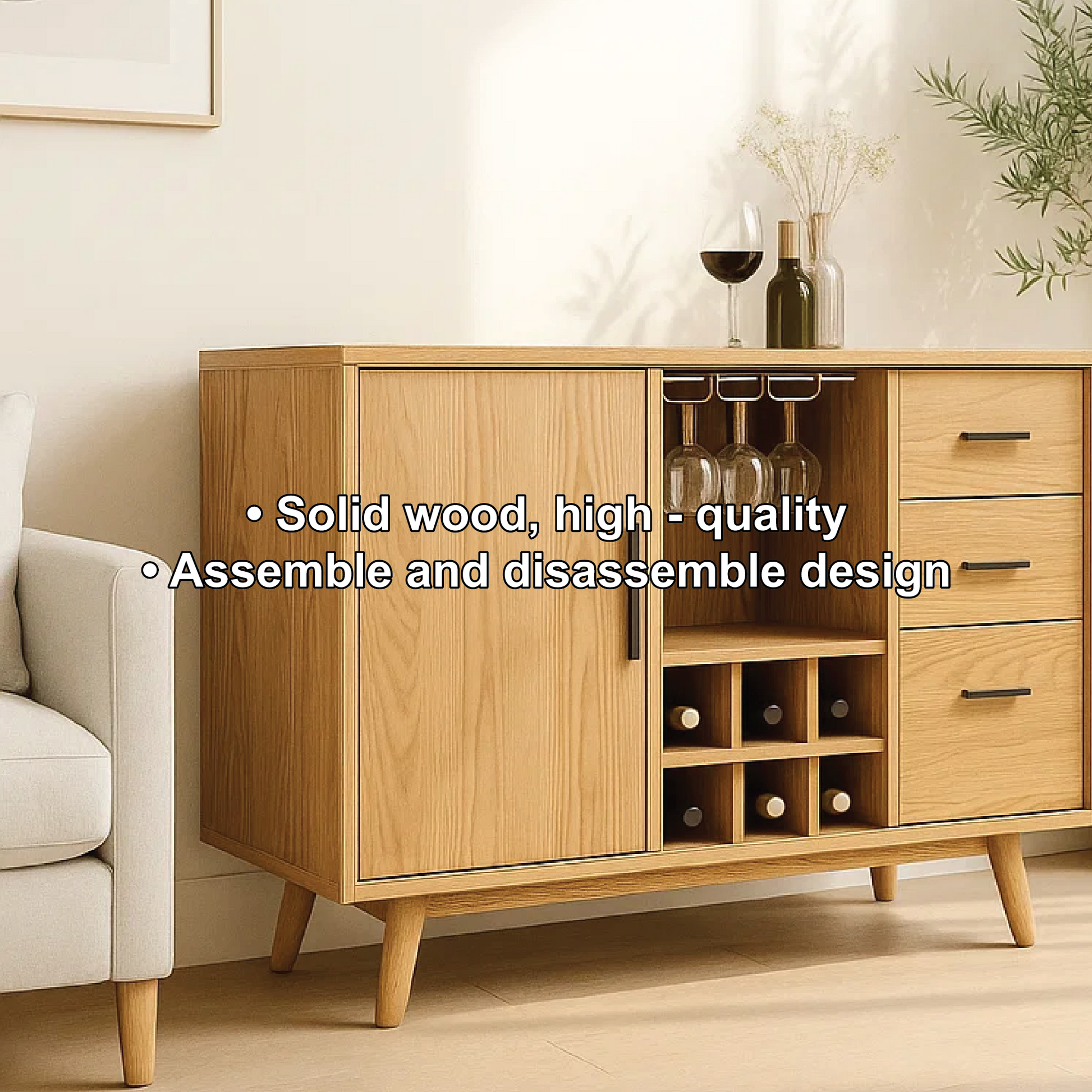 Solid Wood Wine Storage Cabinet with Bottle Rack, Glass Holders and Drawers for Modern Homes Kitchnce